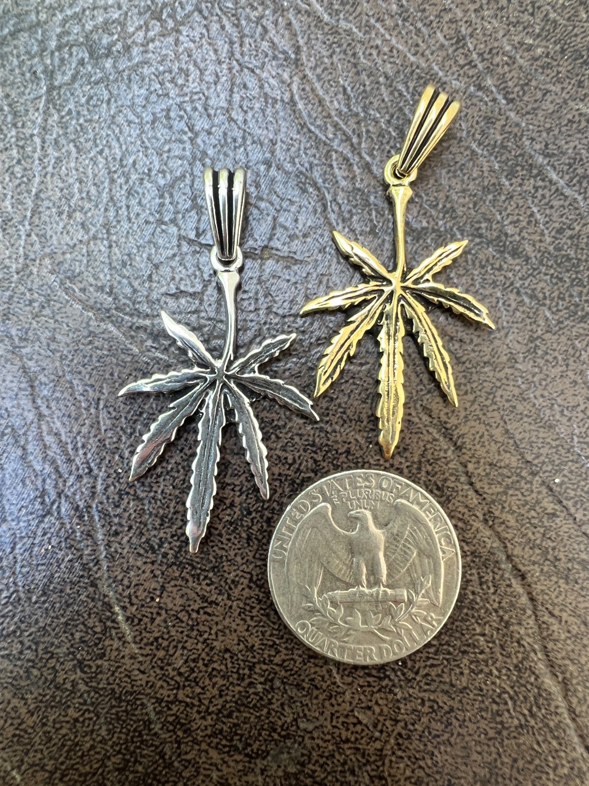 Real 925 Silver / 14k Gold Plated Marijuana Leaf Oxidized Pendant Necklace Charm