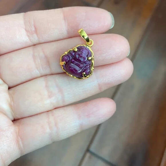 14K Solid Real Gold Laughing Male Buddha Natural Ruby Carved Pendant – Kid Size