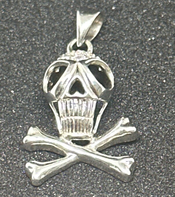 Skull & Crossbones Sterling Silver 925 Pave Rhinestone 1″ FAS Pendant Only 2.3g