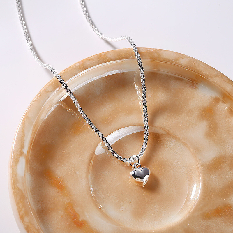 Woman Real S925 Sterling Silver Glossy Heart Charm Italy Sequins Chain Necklace