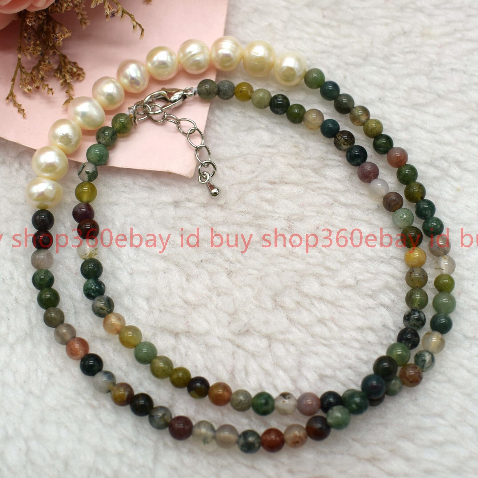 Natural 4mm Multicolor Indian Agate Round Gems Bead White Pearl Necklace 16-28in