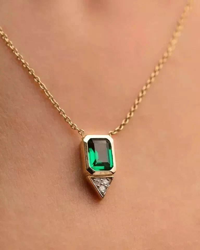 2.00Ct Emerald Cut Lab Created Emerald & Diamond Pendant 14K Yellow Gold Plated