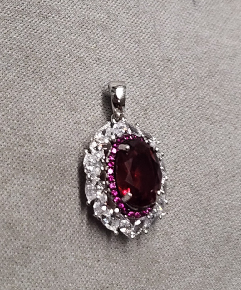 Garnet & Cubic Zirconia Sterling Silver Pendant 26mm