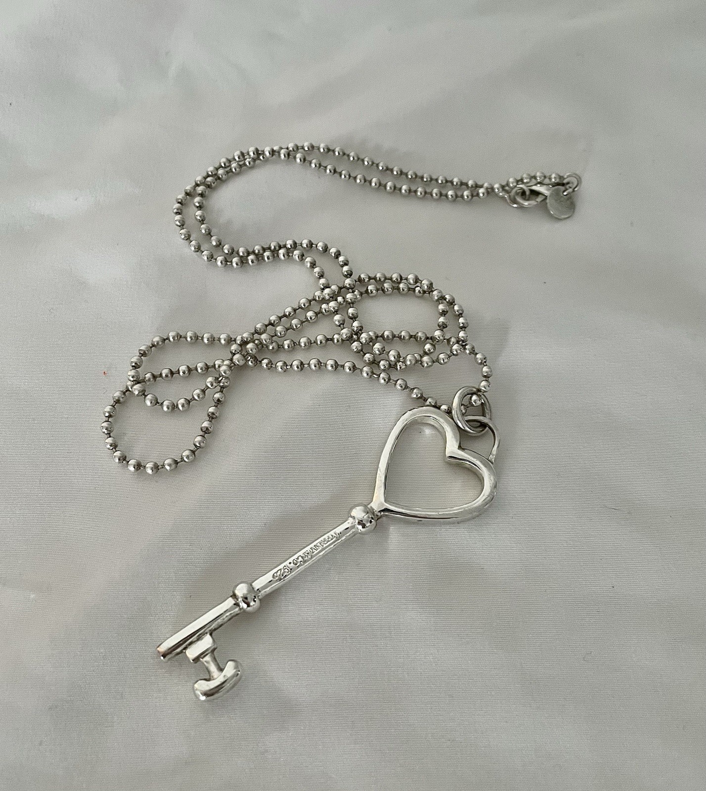 Tiffany & Co. 925 Sterling Silver Heart Key Pendant Ball Chain Necklace