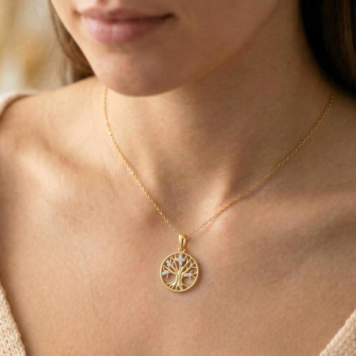 14K Solid Yellow Gold .10Ct Diamond Tree of Life Pendant Charm Necklace 18 in