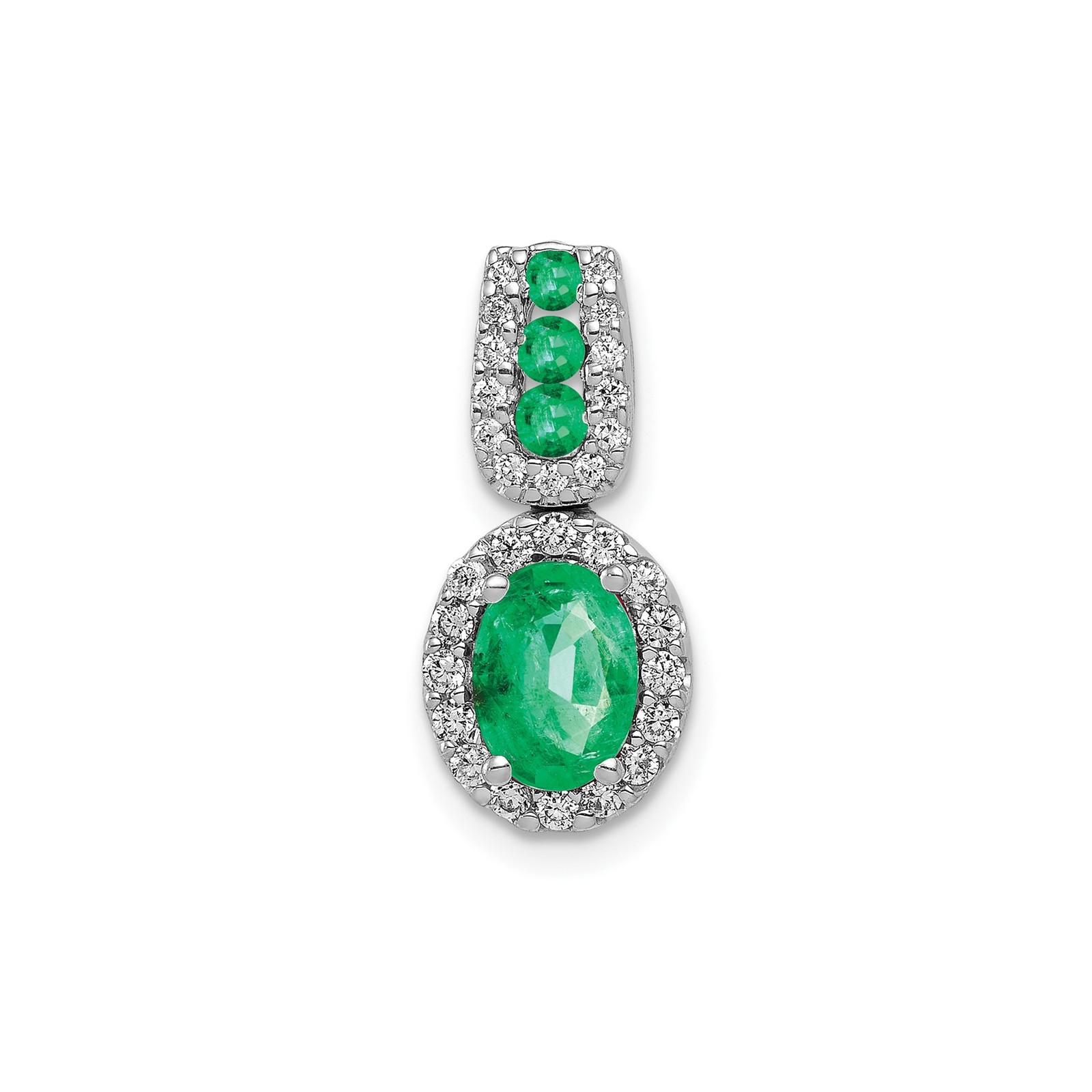 14k White Gold Halo Diamond and Oval Emerald Halo Pendant Necklace Womens