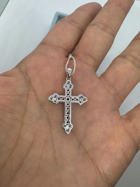 Round Cut Lab Created Red Ruby Womens Cross Pendant Chain 14K White Gold Plated