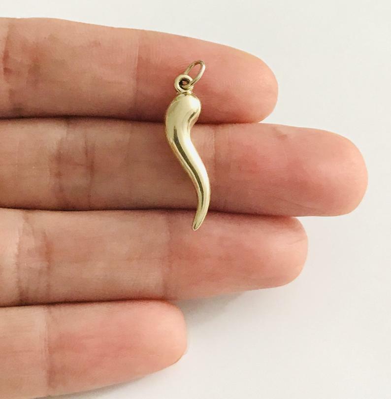 14K Real Gold Italian 1.06″ Horn, Cornicello, Chili Pendant/Necklace- 14kC3040