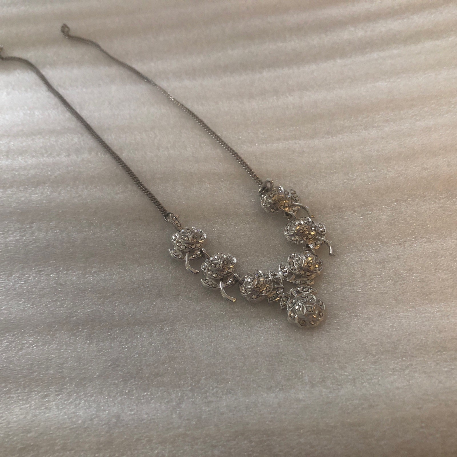 Sterling Silver Flower Necklace With Marcasite Gorgeous 17 Inches Long