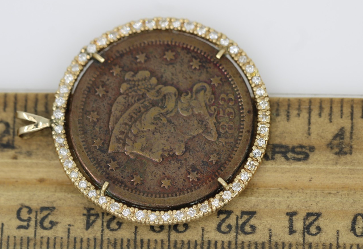 1853 US Braided Hair Large One Cent w/ 0.75 TCW Diamond Coin in 14k Gold Pendant