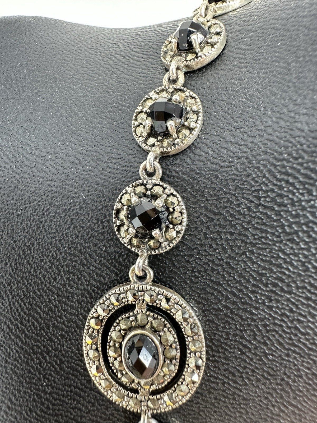 Sterling Silver Onyx & Marcasite Y-Drop Choker Necklace Modern Elegant 47g 17”+