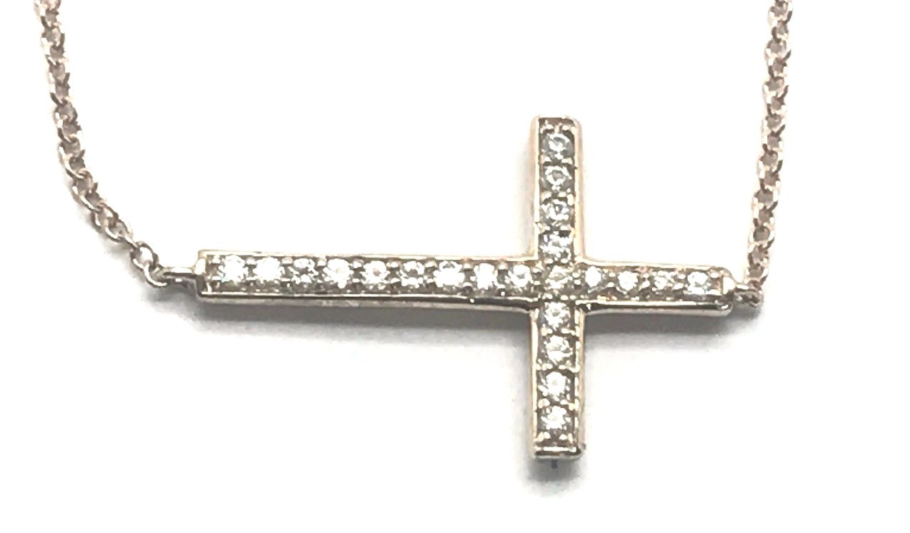 Gold Tone Silver 925 Floating CZ – Pave Religious Cross Sideway Collar Necklace
