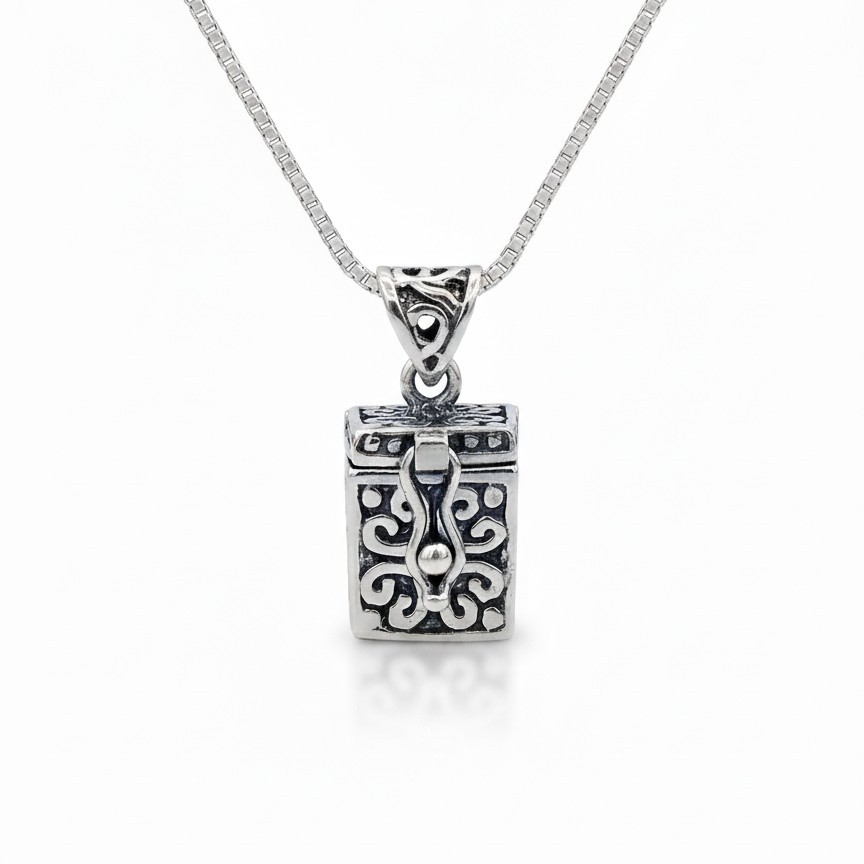 SOLID Sterling Silver Treasure Box Locket Necklace | Vintage Keepsake