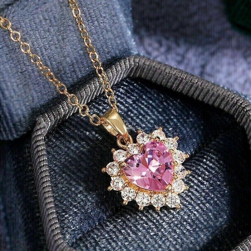 4CT Heart Lab Created Pink Sapphire Women Pendant 14K Yellow Gold Plated Silver