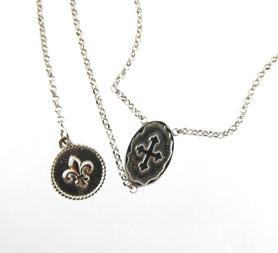 LIR Religious Sterling Silver Cross and Fleur De Lis Necklace 925 6.3g 23.5 Inch
