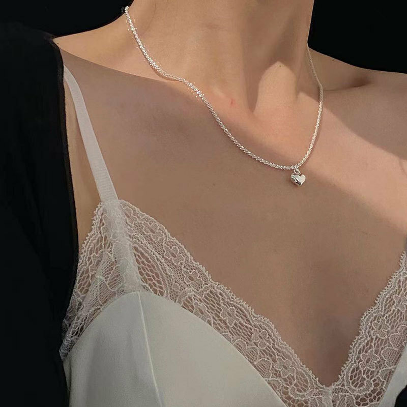 Woman Real S925 Sterling Silver Glossy Heart Charm Italy Sequins Chain Necklace
