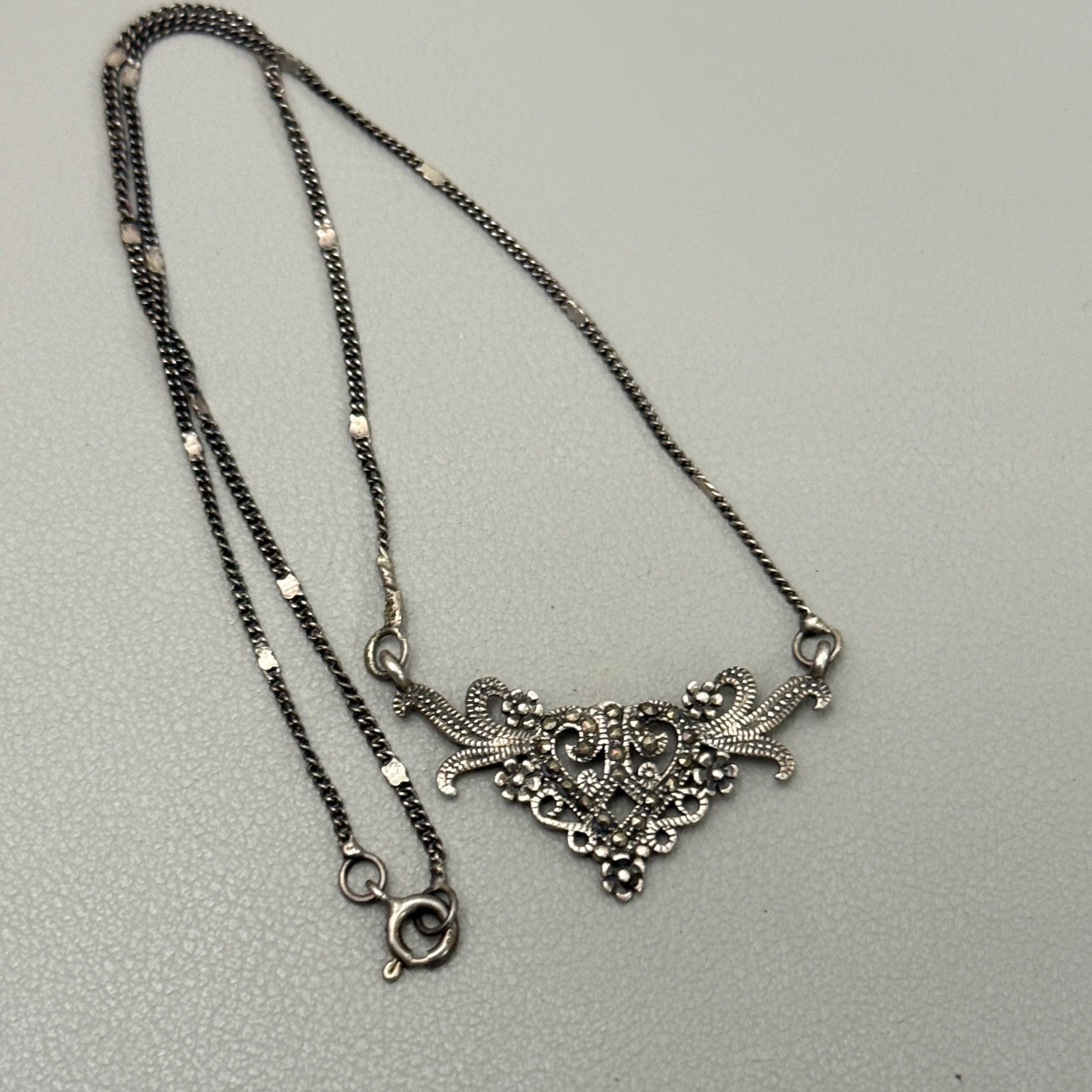 CW 925 Sterling Silver Marcasite Art Deco Style Filigree Necklace Vintage