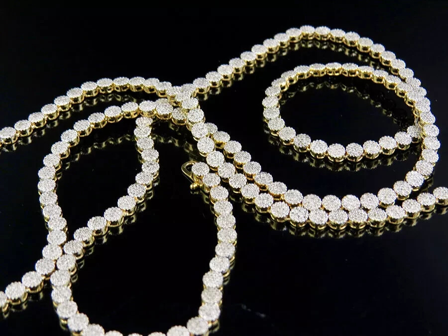 Mens 10K Yellow Gold 1 Row Cluster 7 CT. Natural Diamond Chain Necklace 30″in