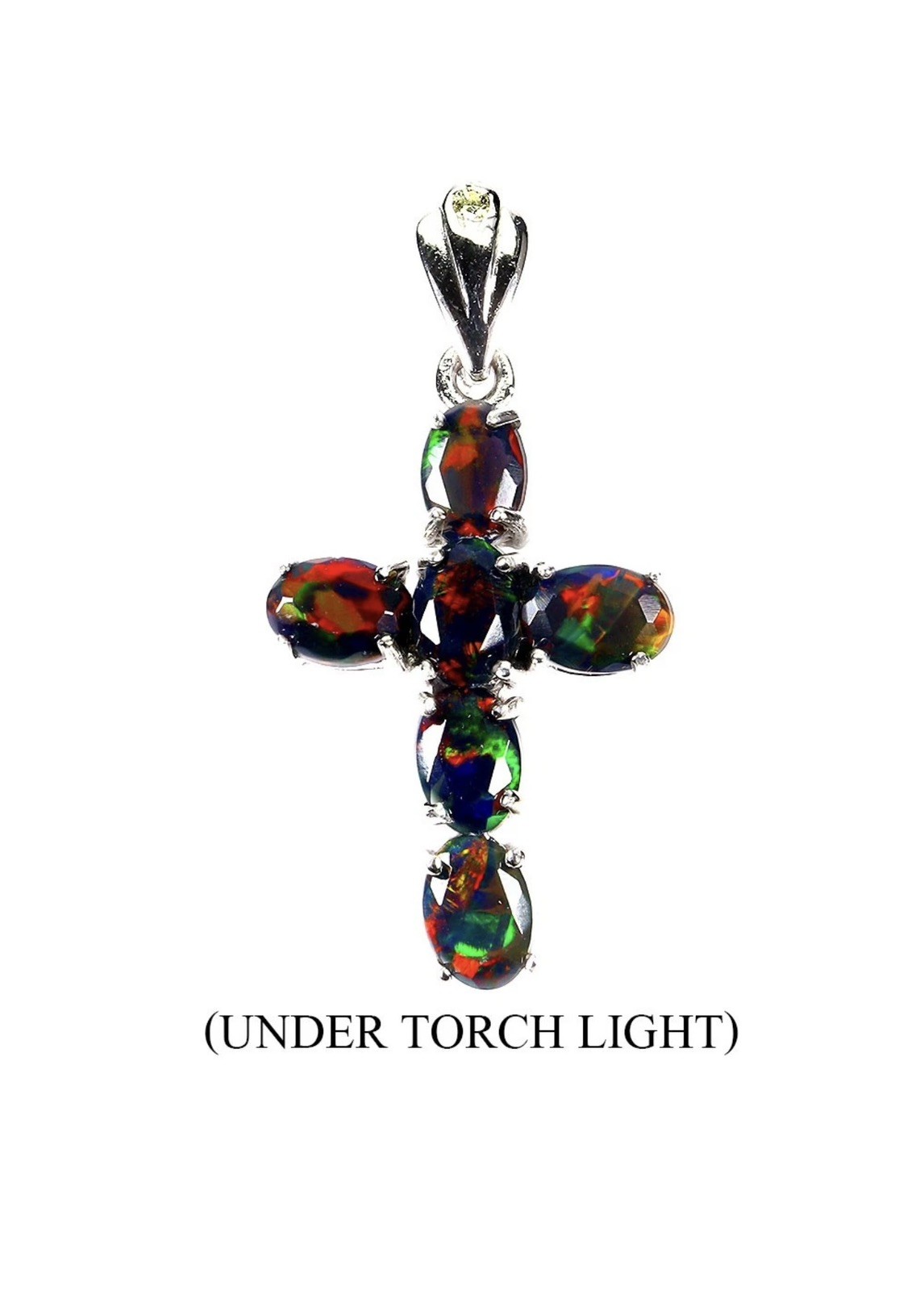 Stunning Natural Rainbow Black Opal Cross 3CT Pendant Necklace 925 Sterling