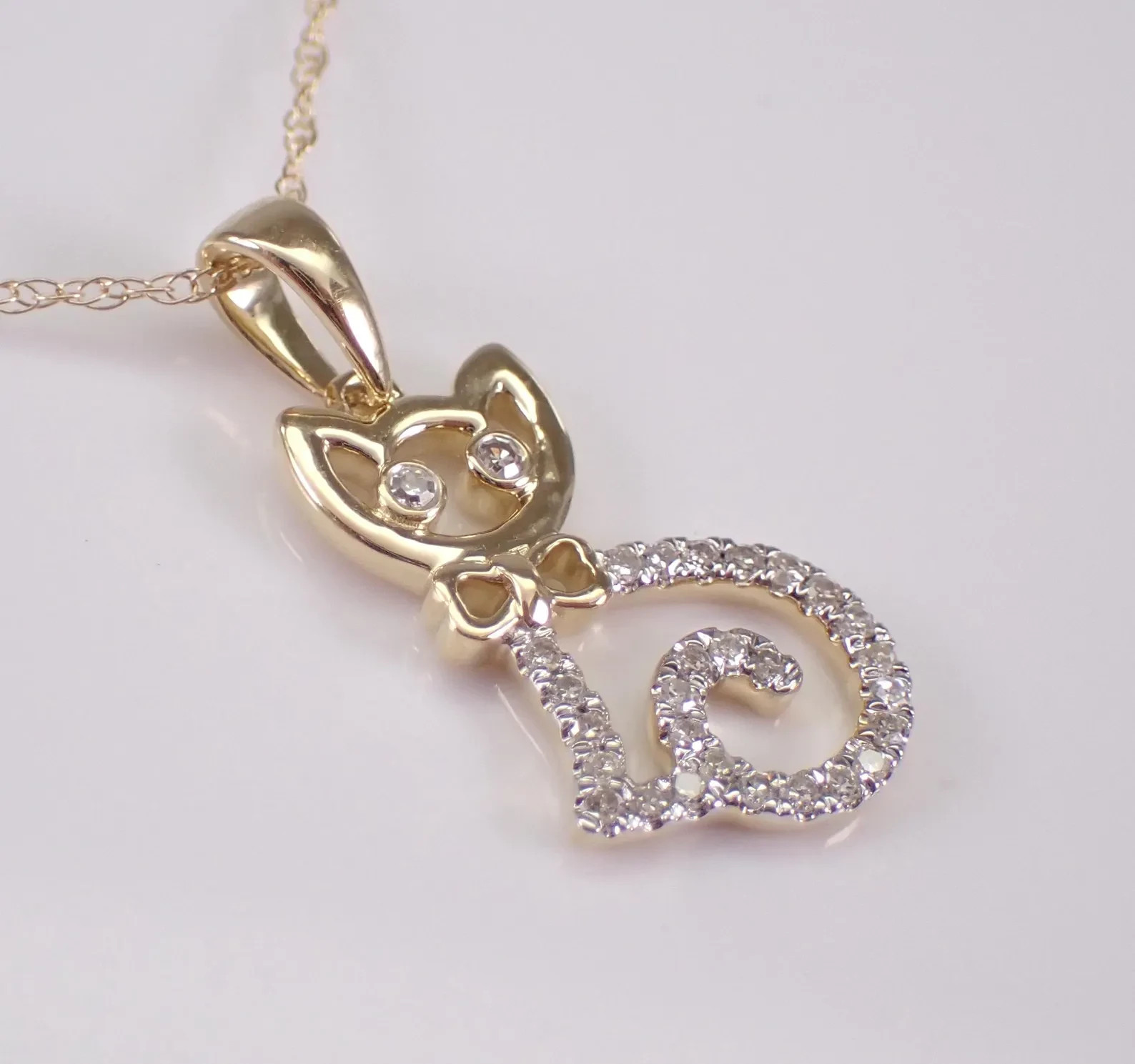 1 Ct Moissanite Curled Tail Cat Pendant Womens Necklace 14K Yellow Gold Plated