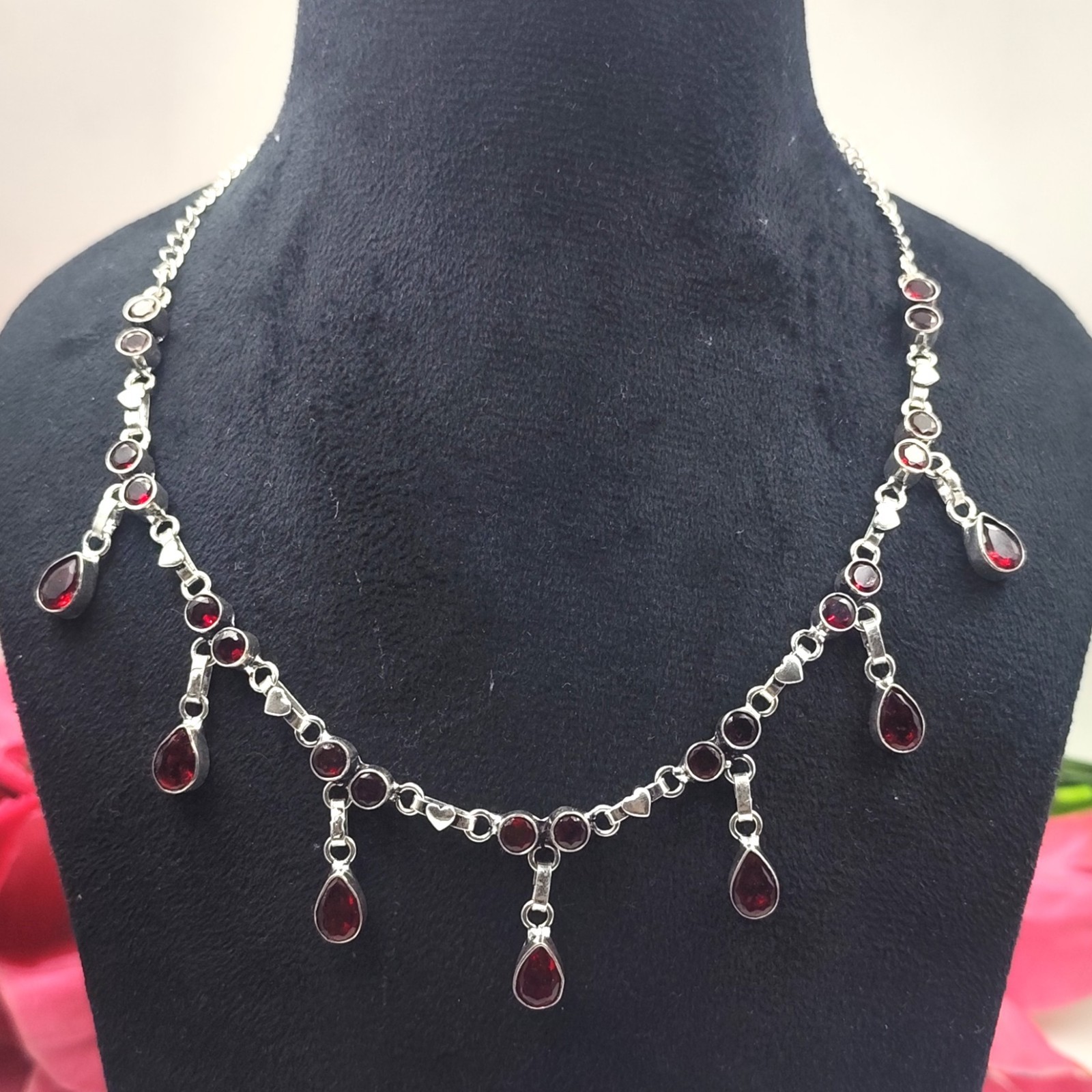 Red Garnet Gemstone Handmade 925 Sterling Silver Jewelry Necklace Size-17-18″