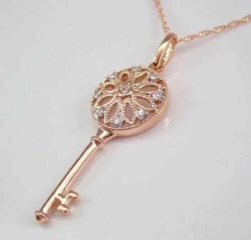 0.50Ct Lab Created Diamond Round Key Pendant Chain 18” 14K Rose Gold Plated