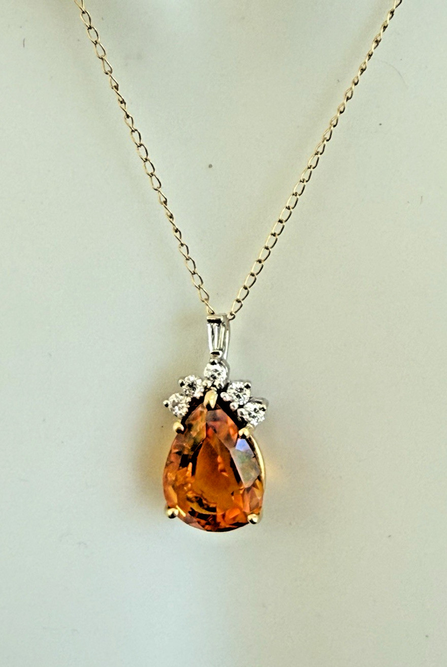 14K Yellow White Gold Pear Cut Madeira Citrine Baguette Round Diamond Pendant