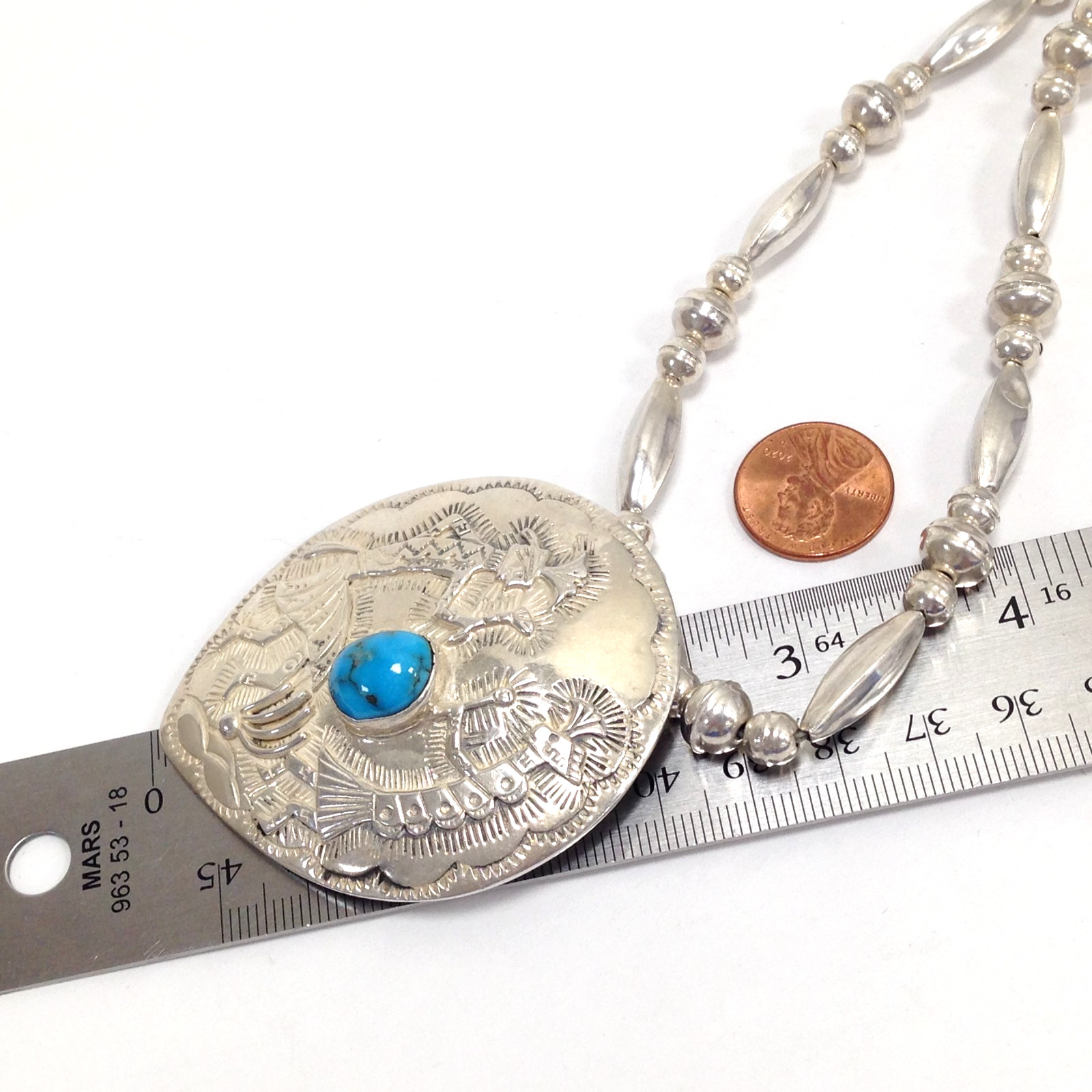 Sterling Silver Southwestern Kokopelli Shield Pendant Turquoise Necklace 23.5″