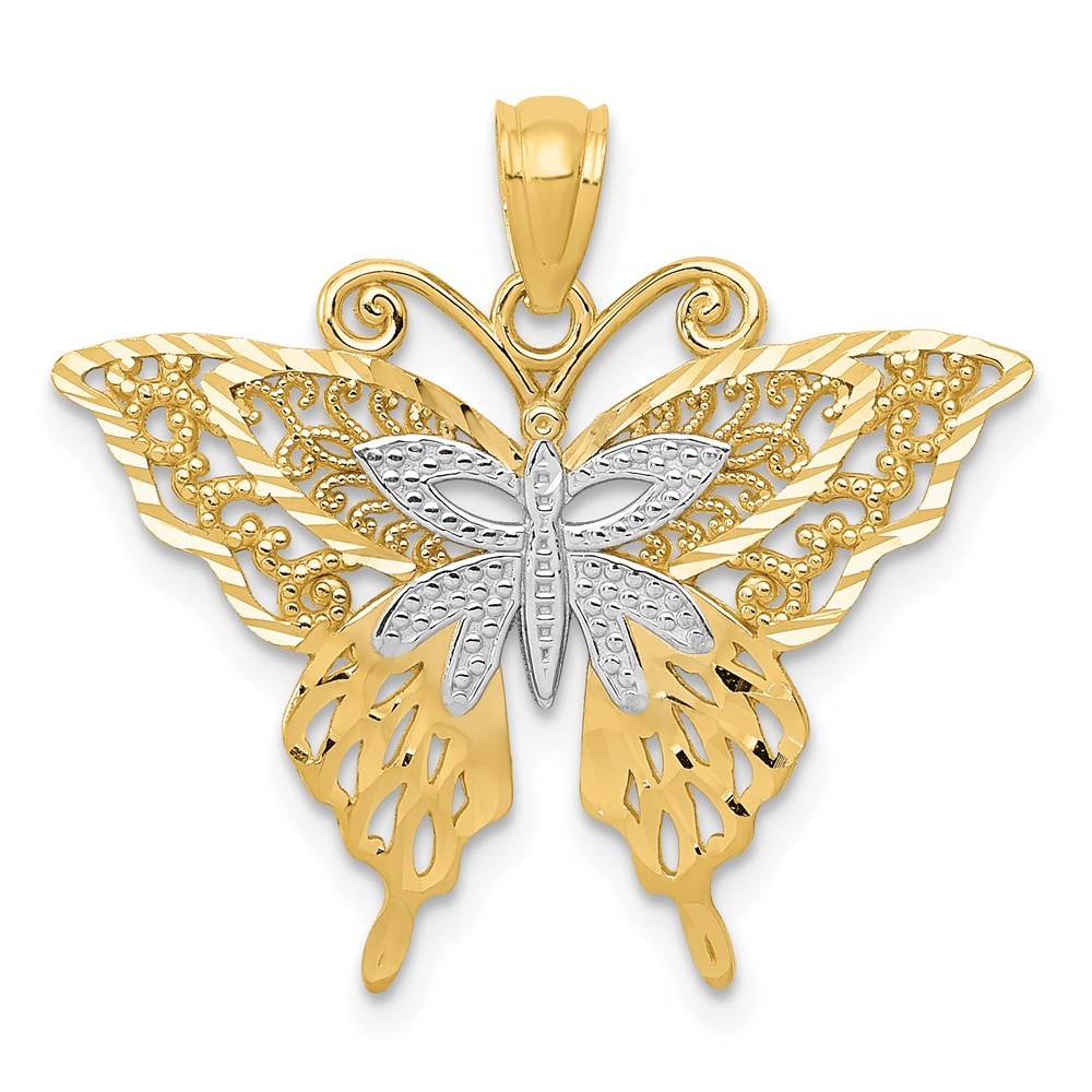 14k Yellow Gold and White Rhodium Fancy Butterfly Shape Charm Pendant 1.17g