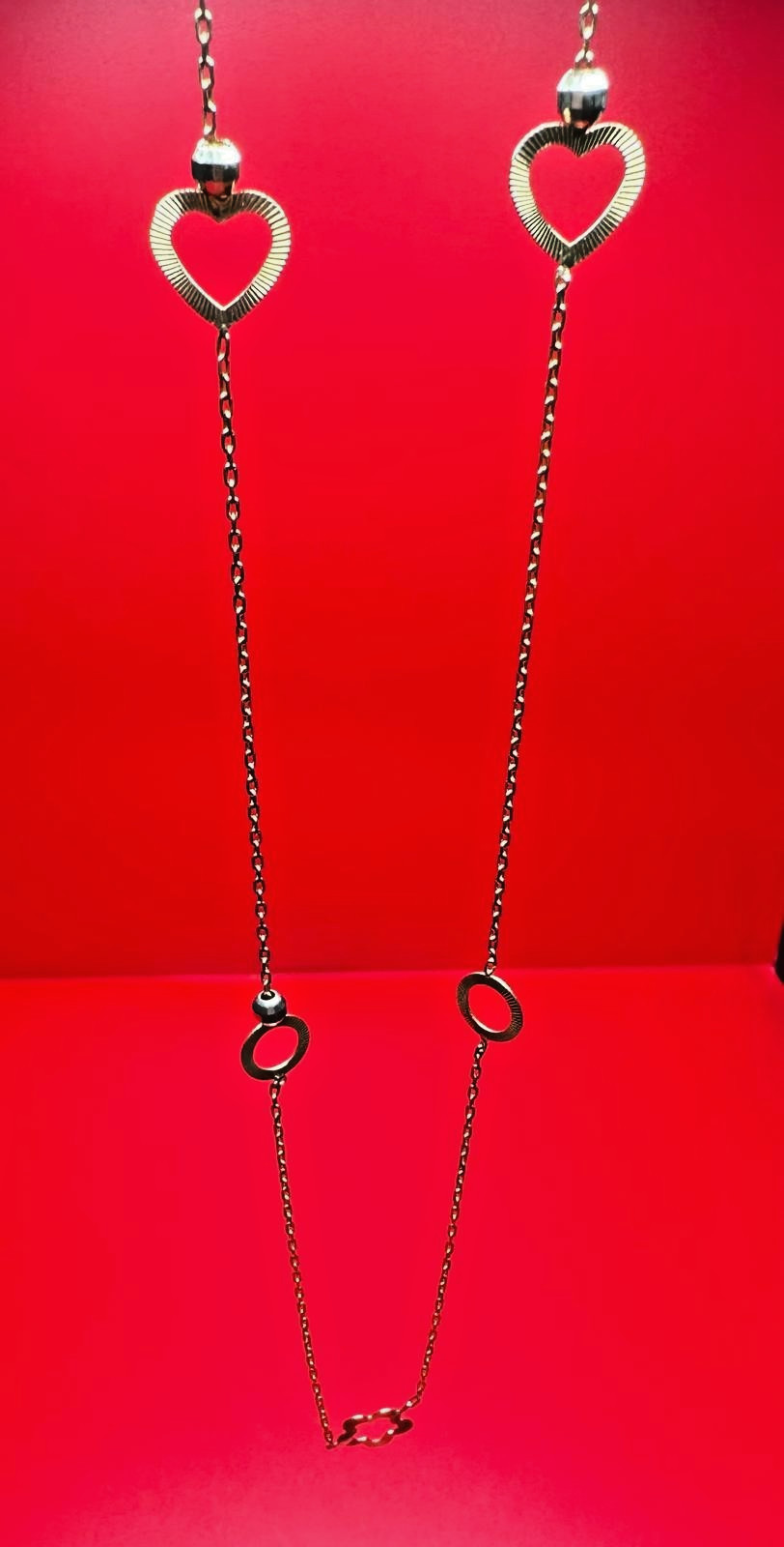 14K Oval Link Chain With Heart-Flower-Circle Charms