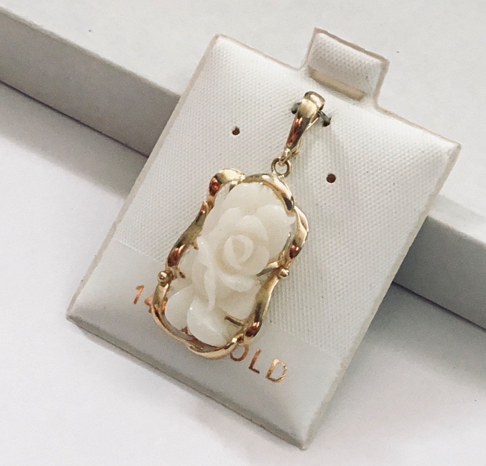 Genuine Natural White Coral Hand Carved Flower 14K Yellow Gold Pendant Enhancer