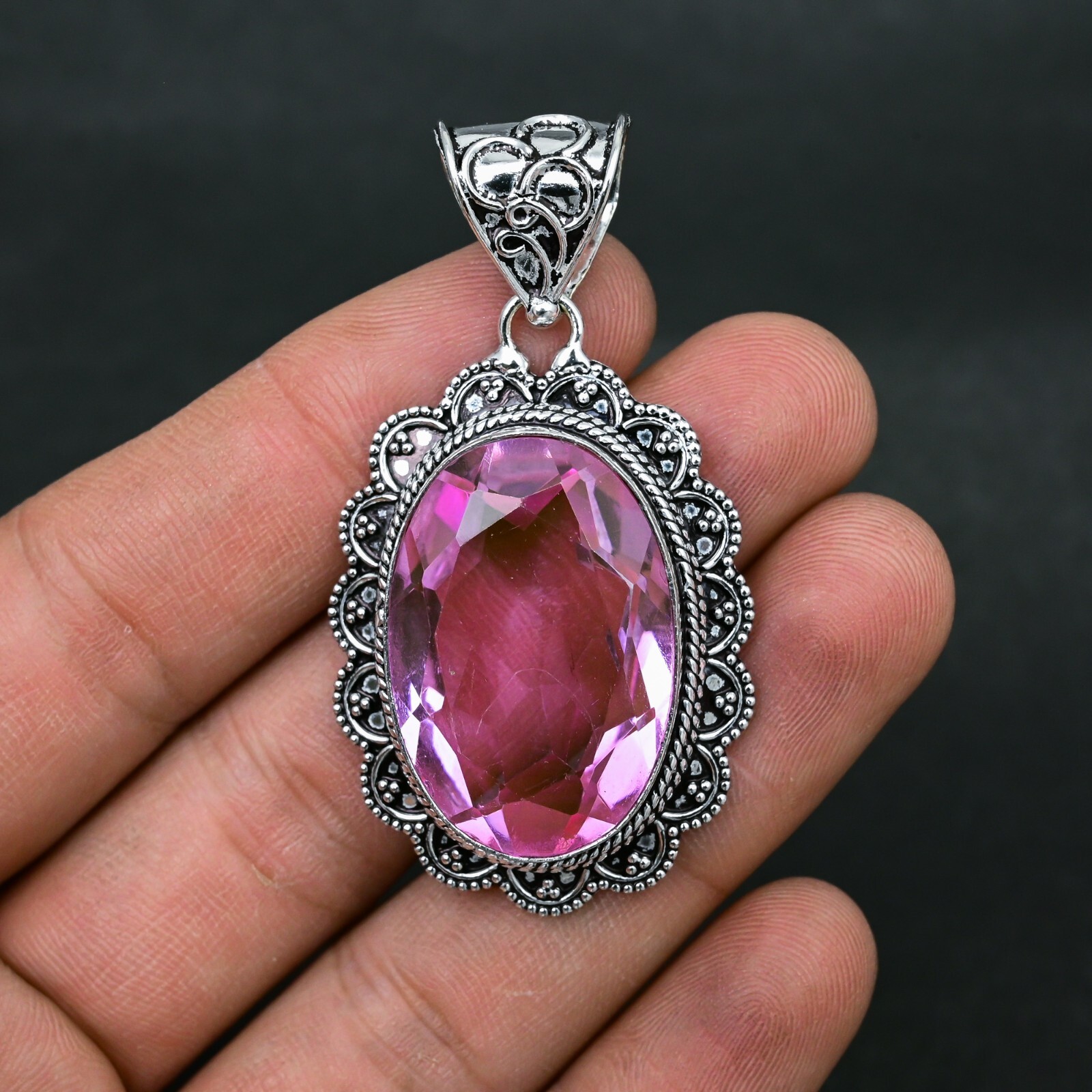 Pink Kunzite Gemstone Oval 925 Sterling Silver Handmade Jewelry Pendant Gift For