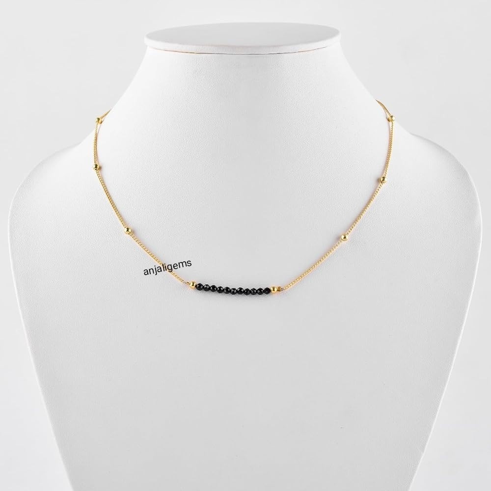 18K Yellow Gold Finished Over AA+Black Sapphire Beads Chain Necklace In925Silver