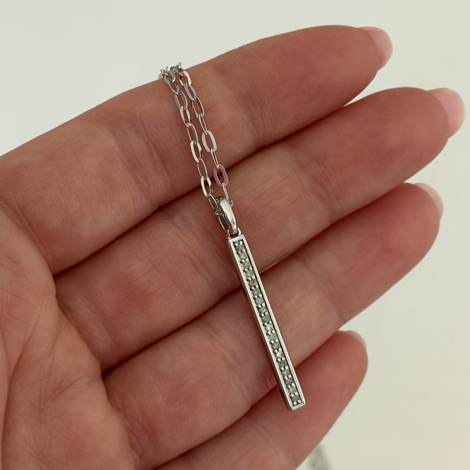925 Italy Sterling Silver Genuine Diamond Pave Thin Bar Pendant Necklace 18″