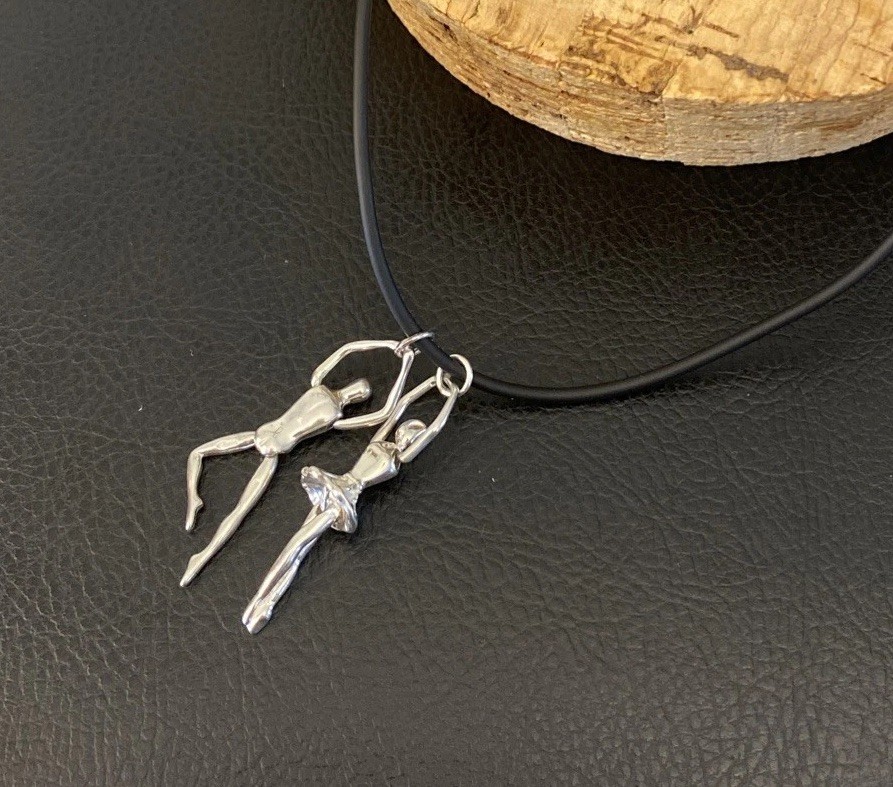 Ballet Dancers (2) Sterling Sculptural Pendant Male Female Choker Lobster Clasp