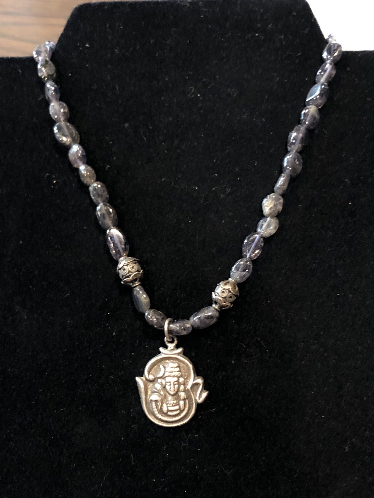 Sterling Silver 925 Buddha Pendant Purple Stone Necklace Ornate Accents