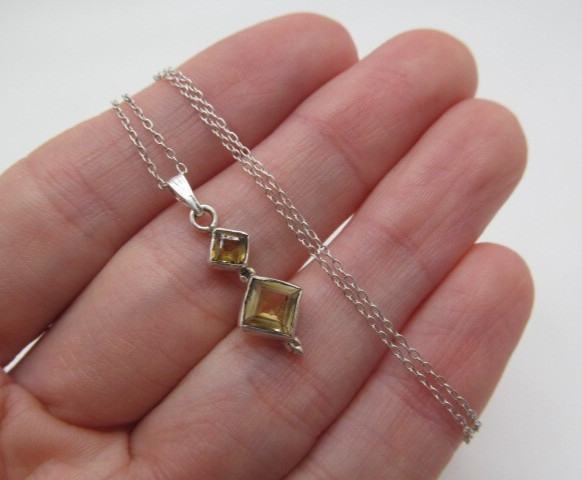 925 Sterling Silver Double Citrine Journey Pendant Oval Link Chain Necklace