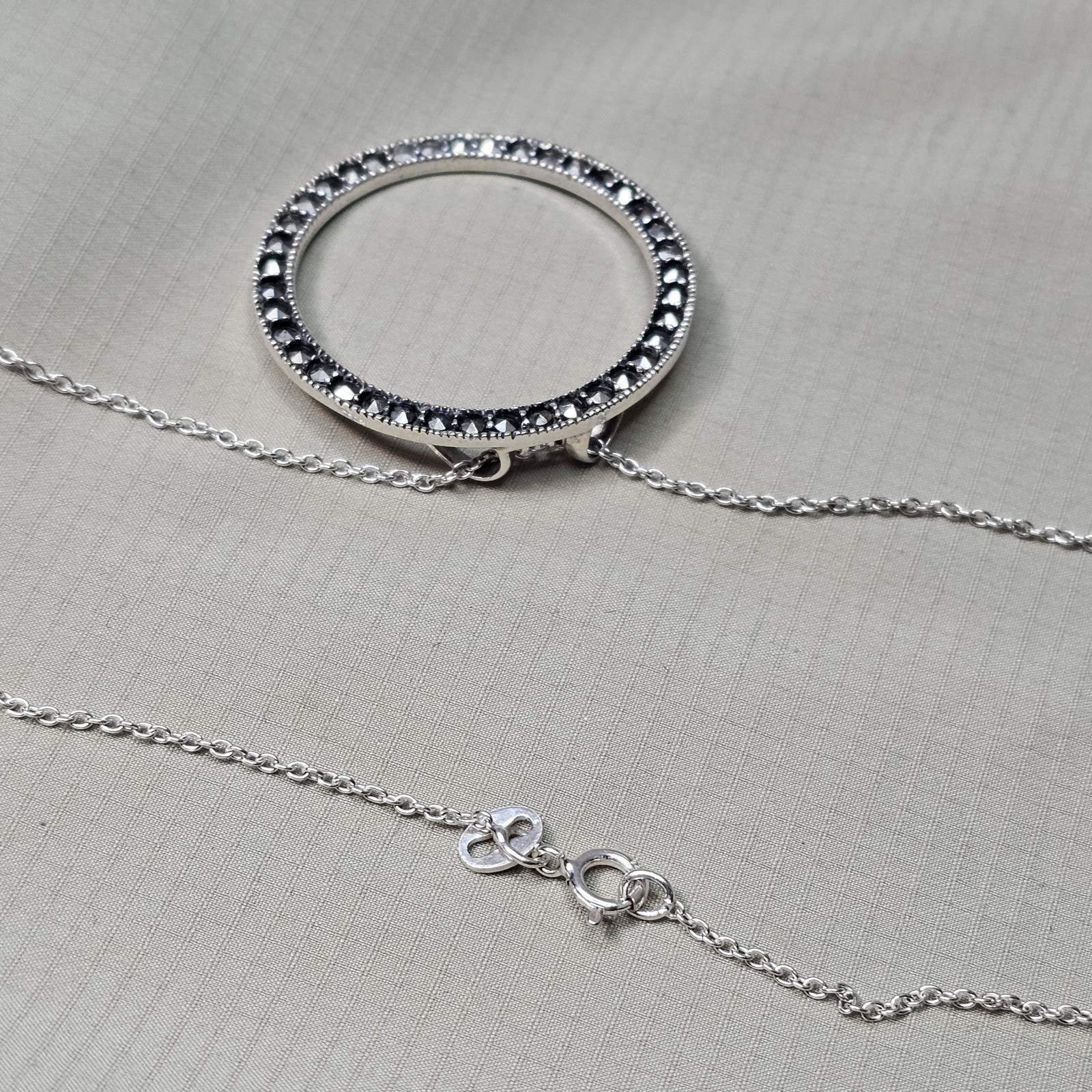 925 Sterling Silver Marcasite Circle Pendant Slide Necklace – 4.5g