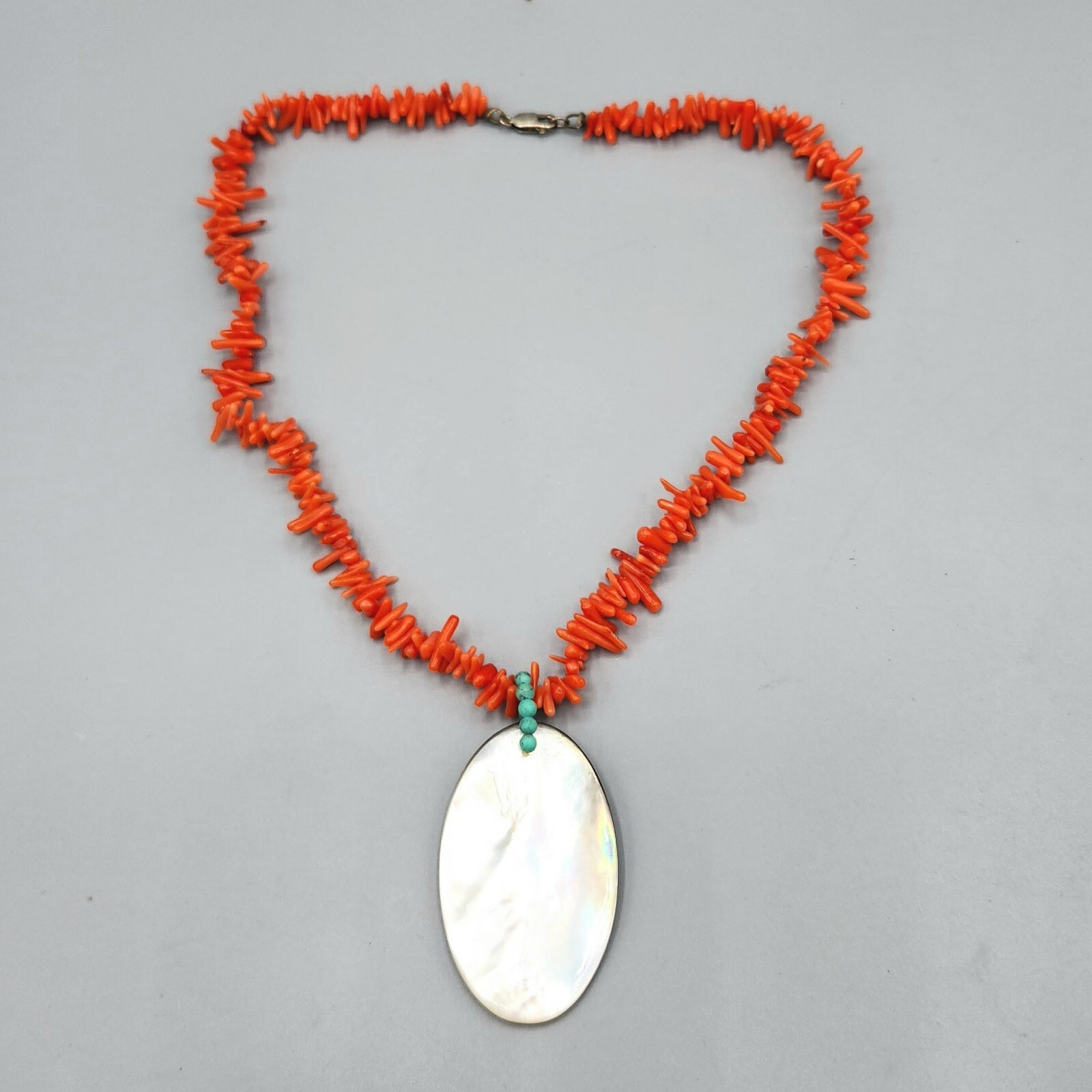 Red Branch Coral Turquoise Mother of Pearl Sterling Silver Necklace 16″ 25.7g