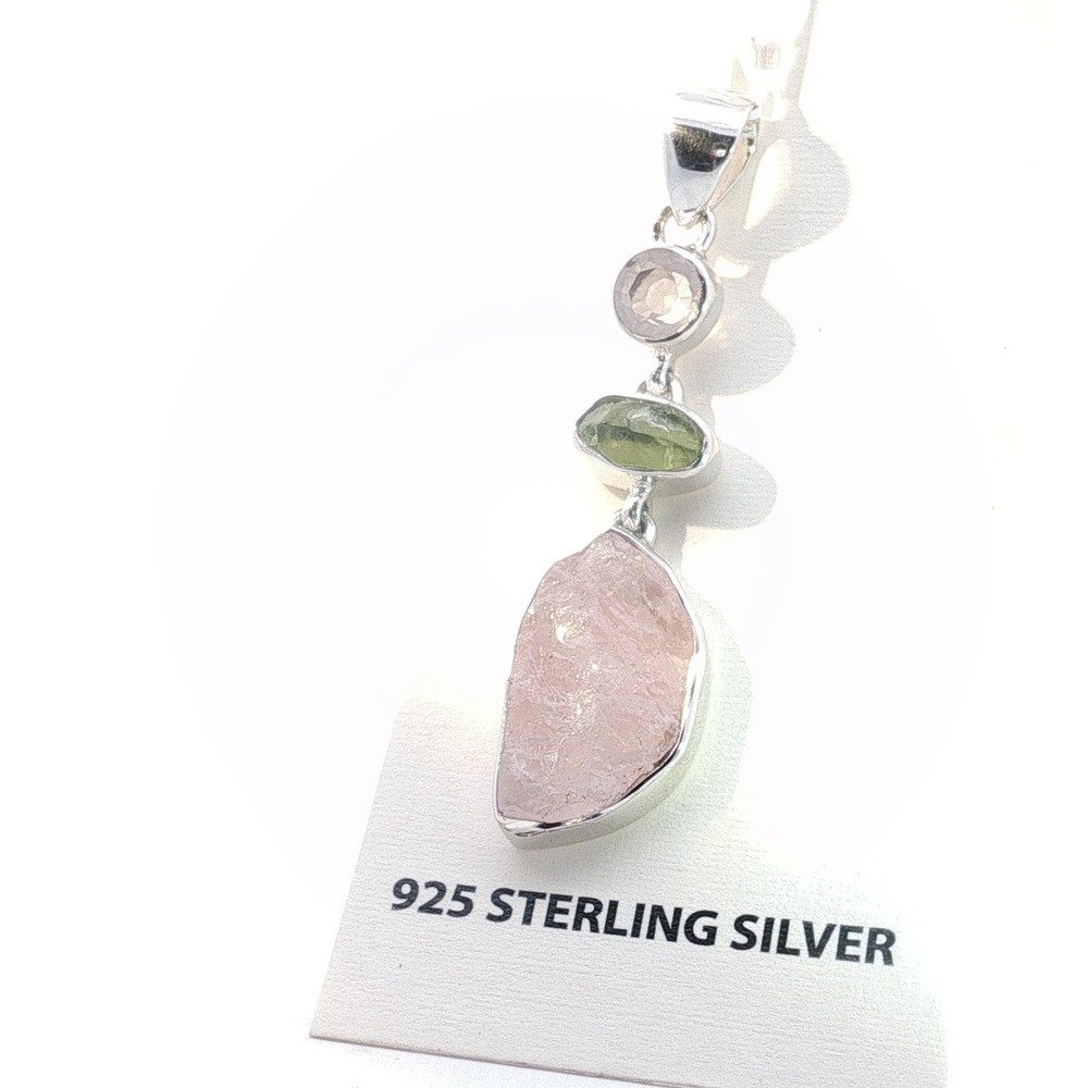 925 Sterling Silver Rose Quartz & Green Peridot Dangle Pendant