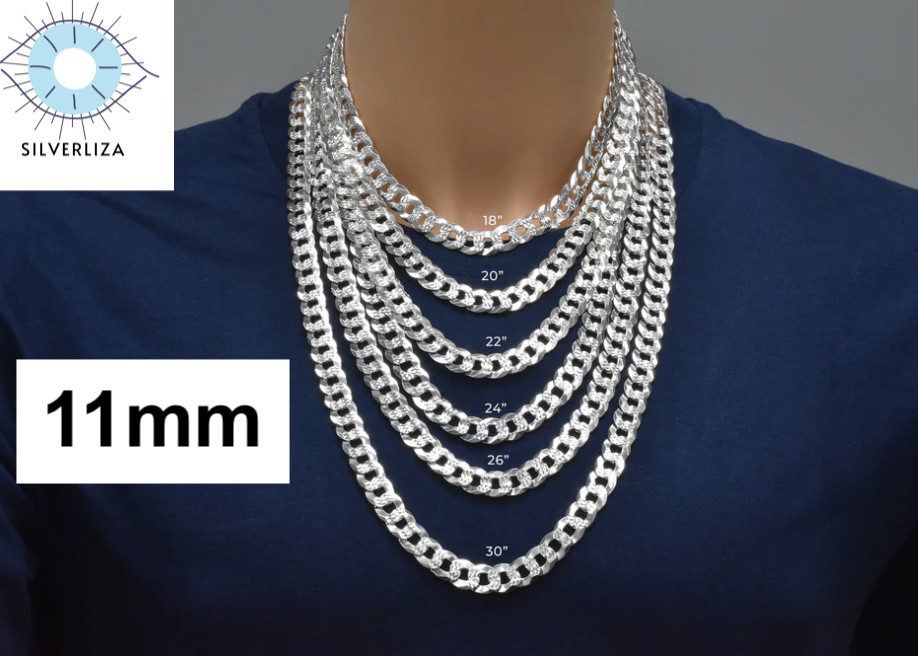 Real 925 Sterling Silver Mens Diamond Cut Curb Cuban Chain Bracelet or Necklace