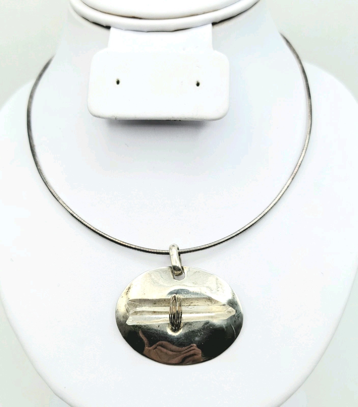 Sterling Silver Clear Crystal Quartz On Oval Silver Base Snake Chain 23gr Italy