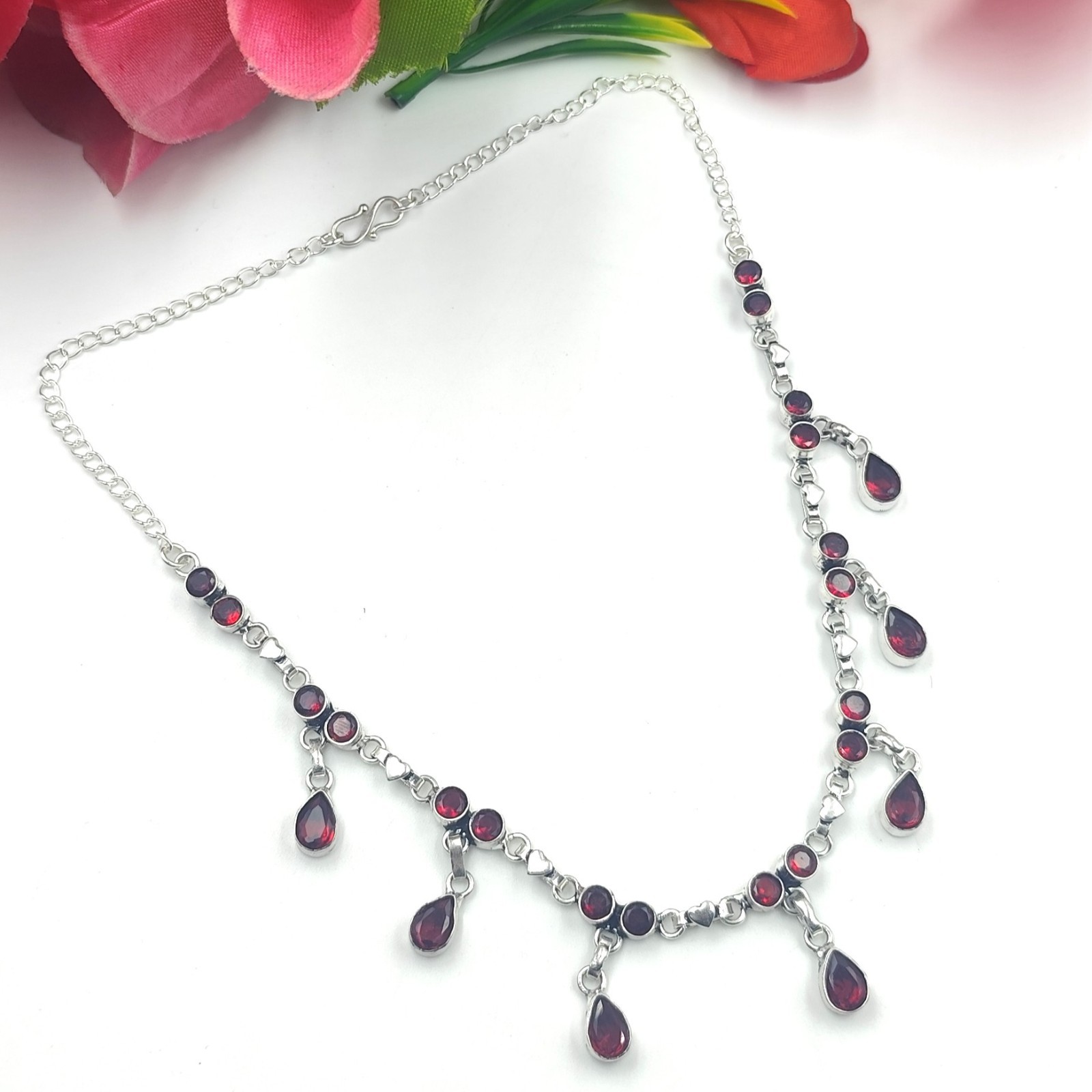 Red Garnet Gemstone Handmade 925 Sterling Silver Jewelry Necklace Size-17-18″