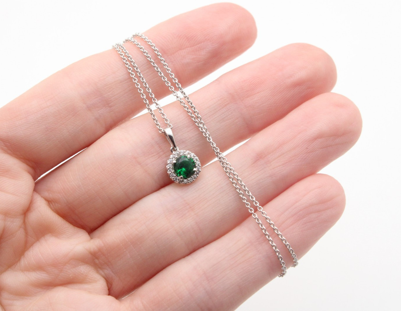 925 Sterling Silver KA1772 Sparkling Pave Green Stone Halo Chain Necklace