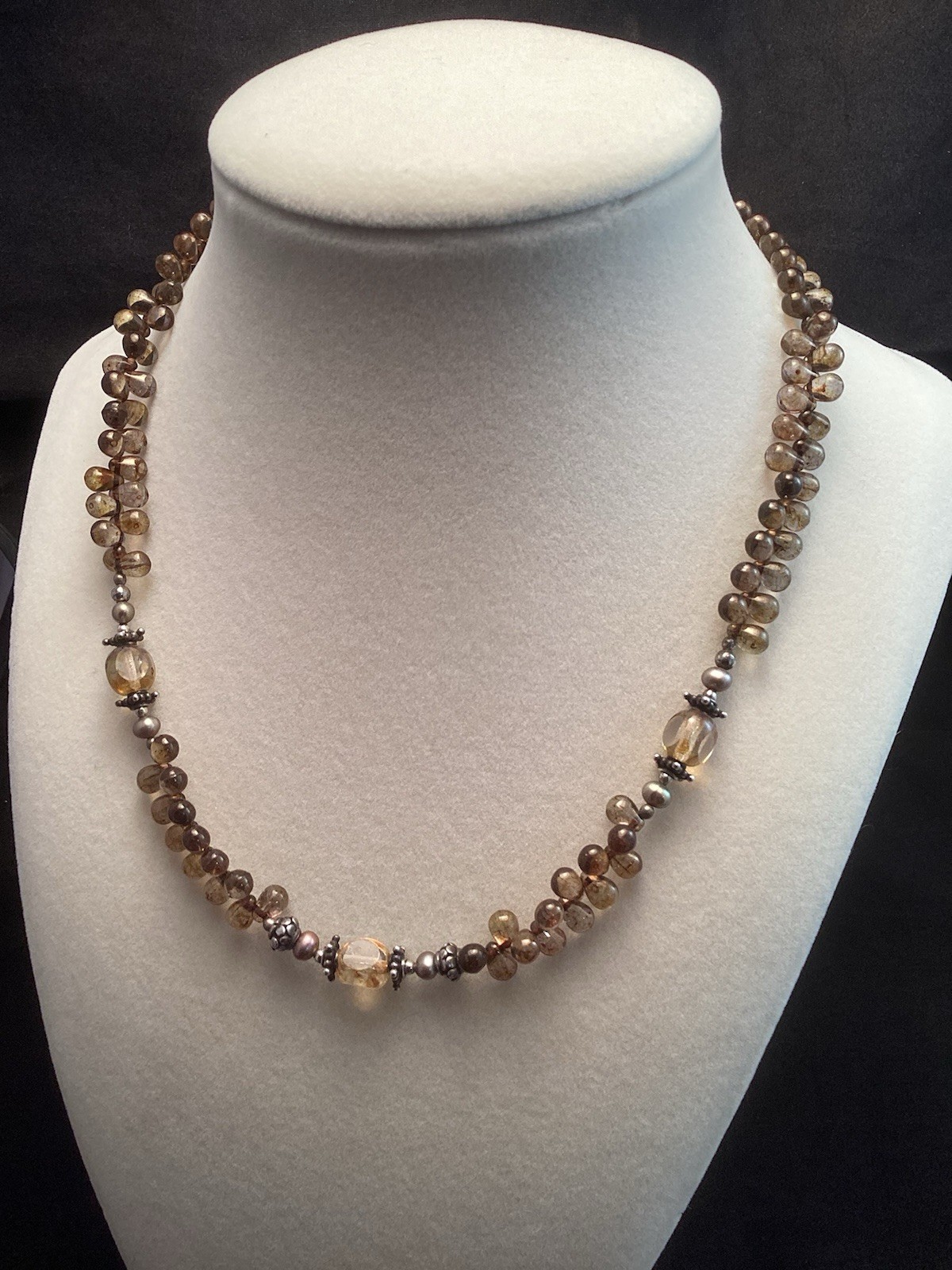 Sterling Silver Smoky Quartz Briolette Shape Smooth Tear Drop Cut Necklace 16.5”