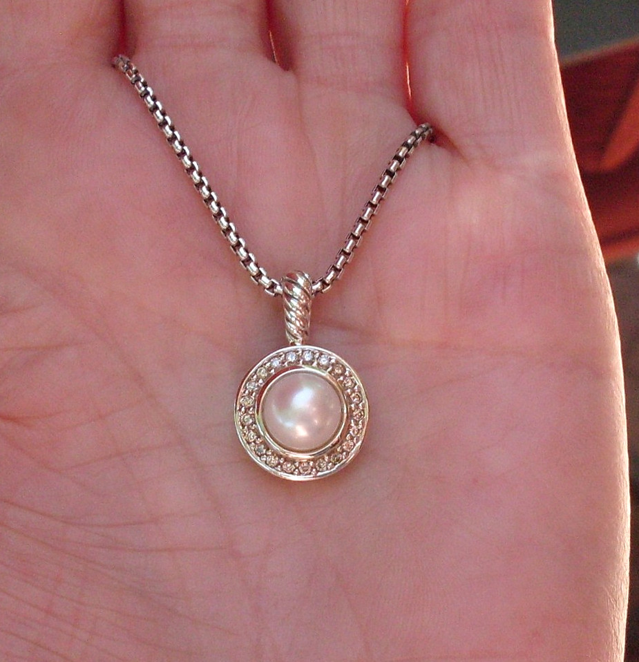 Retired – David Yurman Pearl & Diamond Cerise Pendant w/DY Chain – Gift Boxed