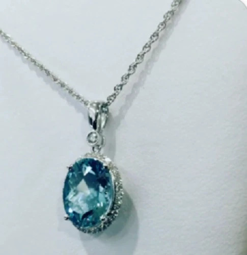 3Ct Oval Cut Blue Topaz Halo Pendant Necklace 14k White Gold Finish Free Chain