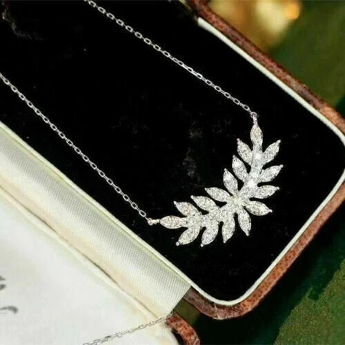 3Ct Round Cut VVS1 Diamond Leaf Shape Pendant 14K White Gold Over 18″ Free Chain