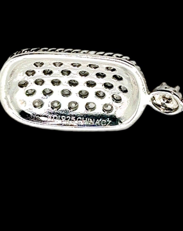 ADI Sterling Silver CZ Dog Tag Pendant with Twisted Bar Link Station 18” L Chain