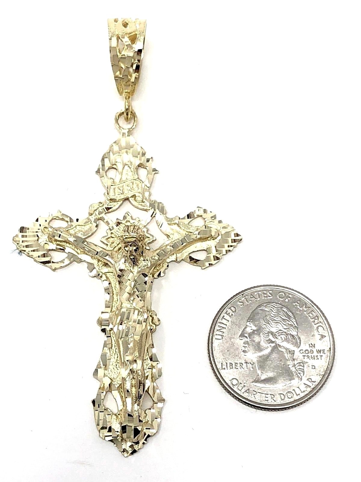 14k Yellow Gold Religious INRI Jesus Christ 3D Big Cross Pendant 3.36″ 16.4grams